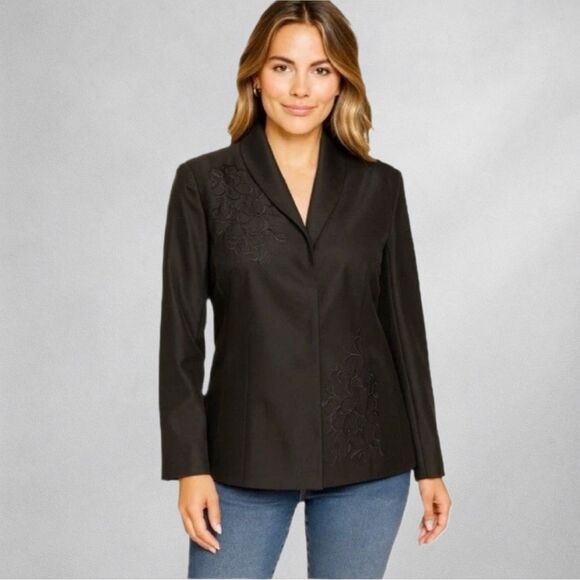 Victor Costa Womens Blazer Jacket XS  Silk Black Embroidered Open Front Occasion - Picture 1 of 8